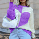 Knitted Love Contrast Women's Sweaters 2021 Autumn Flared Sleeves O-neck Patchwork Loose Pullovers Female Sweet Loose Casual Top