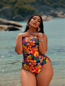 2026 New Plus Size One-Piece Swimsuit: Tropical Floral Print, Round Neck, Side Tie Ruched, Vibrant Beach Style