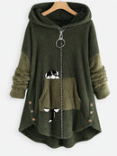 Plus Size Cartoon Puppy Print Colorblock Zip Up Hoodie Fuzzy Coat; Women's Plus Slight Stretch Casual Coat