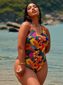 2026 New Plus Size One-Piece Swimsuit: Tropical Floral Print, Round Neck, Side Tie Ruched, Vibrant Beach Style