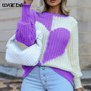 Knitted Love Contrast Women's Sweaters 2021 Autumn Flared Sleeves O-neck Patchwork Loose Pullovers Female Sweet Loose Casual Top