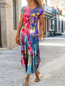 Floral Print Pocket Dress; Casual Short Sleeve Crew Neck Dress; Women's Clothing