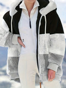 Color Block Hooded Teddy Coat, Casual Zip Up Long Sleeve Winter Warm Outerwear, Women's Clothing