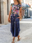 Floral Print Pocket Dress; Casual Short Sleeve Crew Neck Dress; Women's Clothing