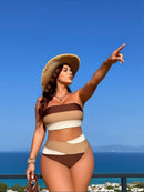 2026 New Plus Size Brown Colorblock Strapless Bikini Set Women's Convertible Halter High-Waisted Tummy Control Swimsuit for Beach Vacation, Retro Style