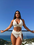 2026 New Cream Textured Halter Two-Piece Swimsuit Women's Side Tie High-Waisted Tummy Control Bathing Suit for Beach Vacation, Gentle Luxury Style