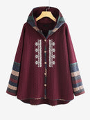 Plus Size Rib Knit Solid Hoodie Colorblock Coat; Women's Plus Slight Stretch Casual Winter Coat