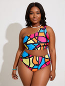 Women's Plus Size Abstract Print Bikini Set, One Shoulder Crop Top with High Waist Brief, Colorful Swimwear for Curvy Women