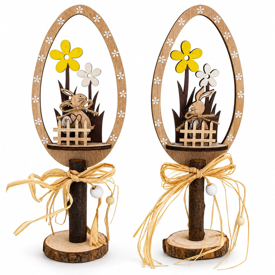 Set of 2 Rustic Wooden Easter Egg Tabletop Decorations With Bunny Scene 10.7 Inches Tall