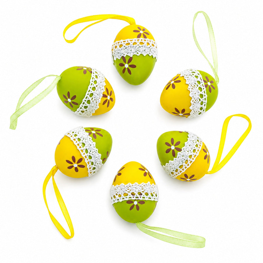 Set of 6 Yellow Green Lace-Trimmed Hanging Floral Easter Egg Ornaments