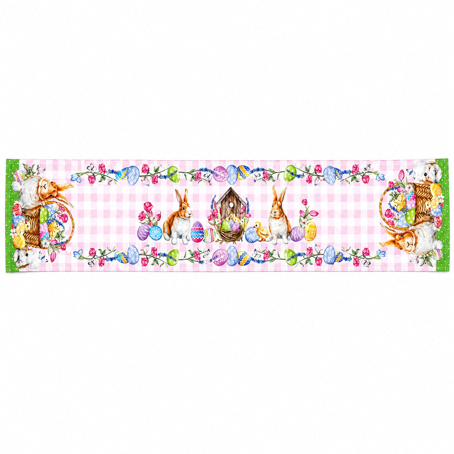 Fabric Easter Table Runner Featuring Playful Bunnies and Pastel Eggs 73 Inches Long