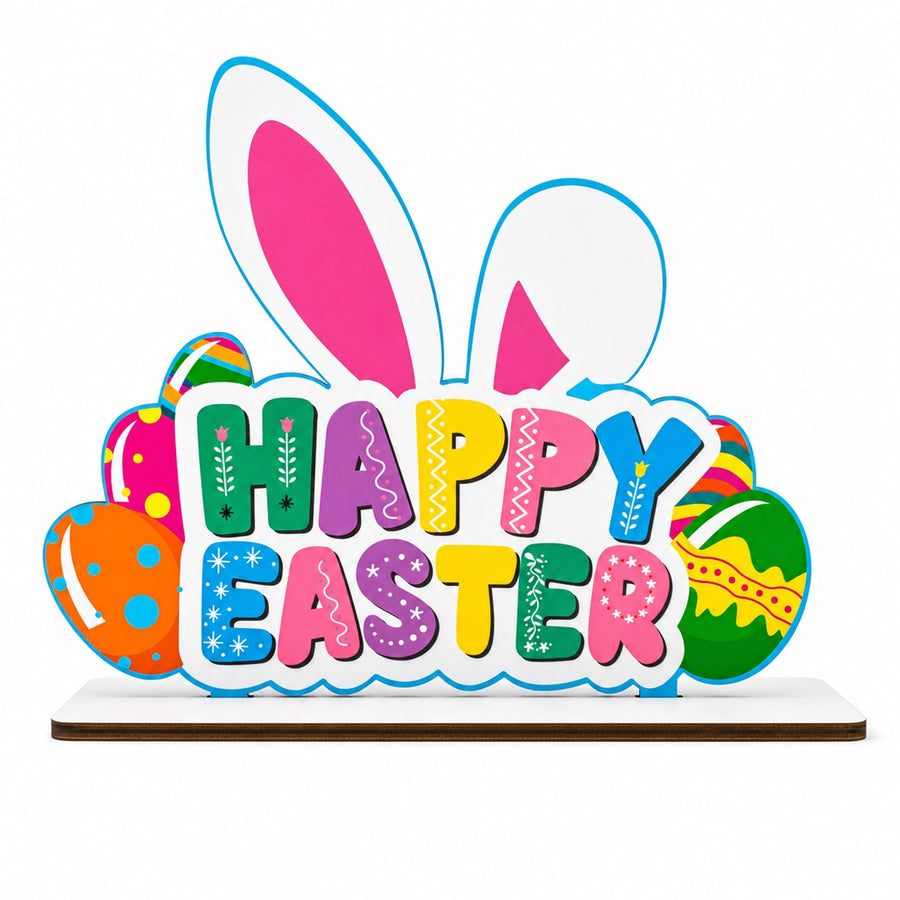 Happy Easter Wooden Tabletop Cutout With Bunny and Egg Artwork 6.5 Inches Tall