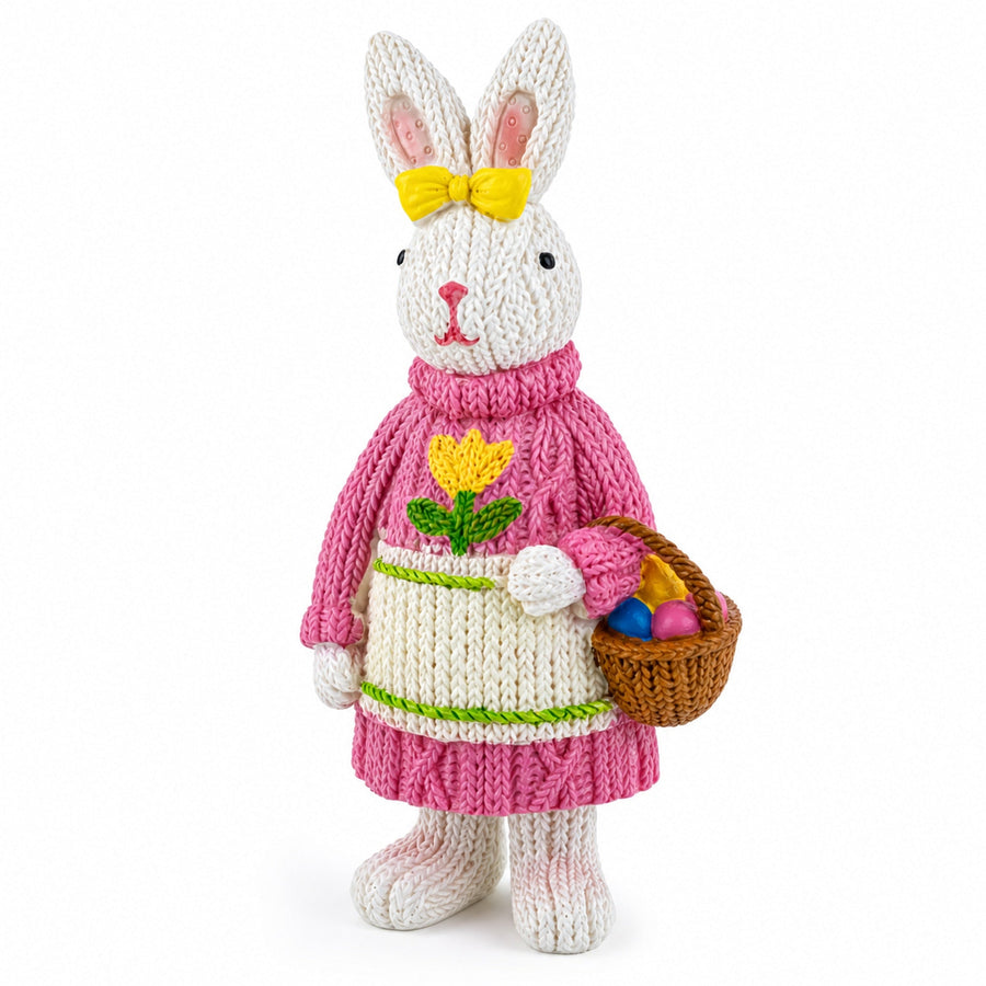 Bunny Figure with Pastel Basket and Sweater Detail 5.8 Inches Tall