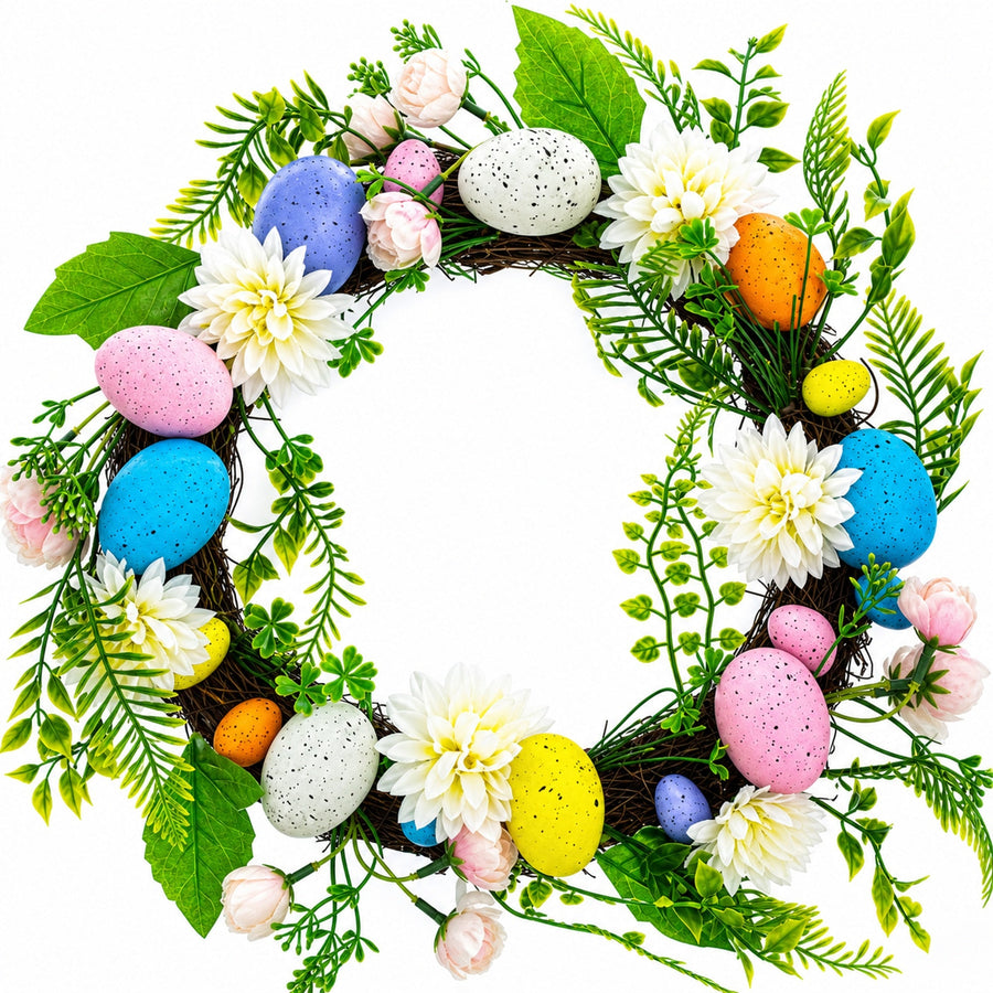 Festive Easter Floral Door Wreath with Pastel Speckled Eggs