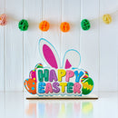 Happy Easter Wooden Tabletop Cutout With Bunny and Egg Artwork 6.5 Inches Tall