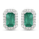 0.91 Carat Genuine Zambian Emerald and White Diamond 14K White Gold Earrings