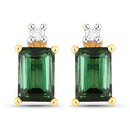 1.24 Carat Genuine Green Tourmaline and White Diamond 14K Yellow Gold Earrings