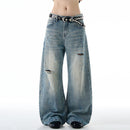 American-style Vintage Distressed Ripped Slub-textured Bootcut Jeans