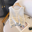 Vintage Diamond-Pattern Tassel Knitted Vest For Women
