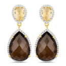 21.12 Carat Genuine Smoky Quartz, Citrine and White Topaz .925 Sterling Silver Earrings