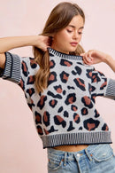 BiBi Two Tone Detail Leopard Knit Double Sleeves Top