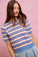 SO ME Stripe Knit Crew Neck Short Sleeves Sweater Top