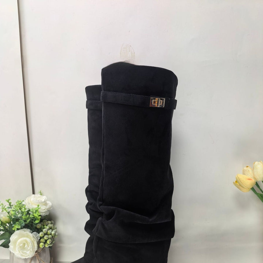 Straight Pleated Metal Buckle Middle Boots Female