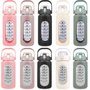 64Oz Glass Water Bottle Sports Water Bottle Motivational Water Bottle Water Intake Tracker Bottle with Straw Time Marker Silicone Sleeve Handle for Gy