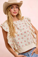 BiBi Flower Printed Ruffle Sleeve Trim Detail Top