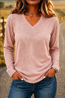 Leisure Pullover V-neck Solid Color Loose Long Sleeves T-shirt