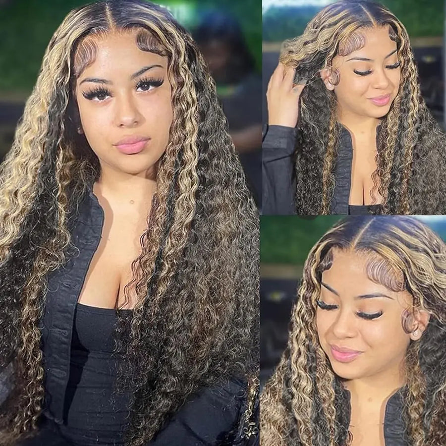 Vlusee 13x6 Deep Wave Lace Front Wigs Human Hair Fb/27 Ombre Blonde Lace Front Wig Human Hair Pre Plucked 13x6 HD Full Lace Frontal Curly Human Hair Glueless Wig for Women 24 Inch