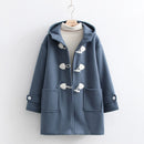 Solid-color Horn-button Womens Hooded Cardigan Wool Coat