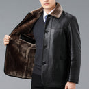 Genuine Leather And Fur One-piece Overcoat With A Lapel Lined With Fleece For Extra Warmth
