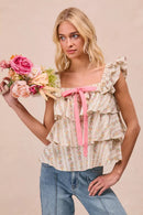 BiBi Floral Printed Woven Front Bow Tied Ruffled Square Neck Sleeveless Top