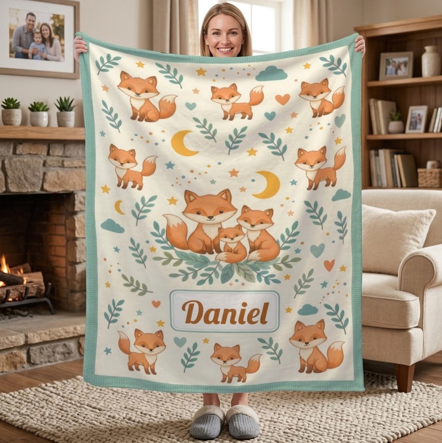 Personalized Fox Blanket with Name - Woodland Fox Family Fleece Throw for Babies, Kids and Fox Lovers - Custom Name Baby Gift