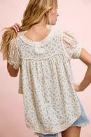 BiBi Floral Crinkle Neckdrop Short Sleeve Blouse Top