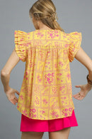 Umgee Printed Ruffle Cap Sleeve Blouse