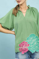 Umgee Floral Embroidered Hem Blouse
