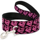 Dog Leash - Diagonal Superman Logo w/Hearts Black/Pink