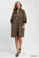 Umgee Leopard Print Quarter Zip Puff Sleeve Mini Dress