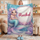 Personalized Mermaid Blanket with Name - Custom Purple Hair Mermaid and Clamshell Fleece Throw for Girls, Kids and Mermaid Lovers