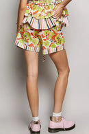 POL Drawstring Floral Shorts with Contrast Striped Trim