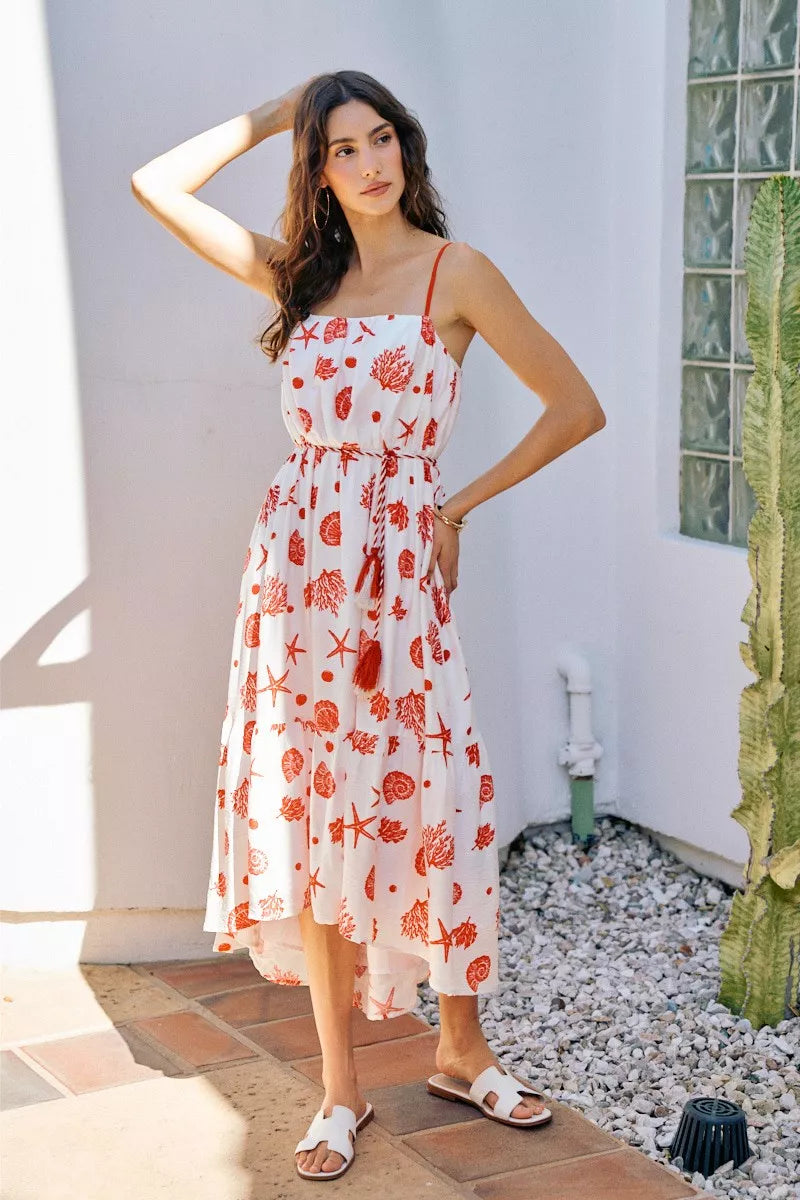 SO ME Shell Print Tiered Lined Midi Cami Dress With Belt – Ralphie's  Funhouse
