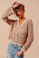 SO ME Open Knit Light Weight Sweater Cardigan With Contrast Wavy Scallop Edge