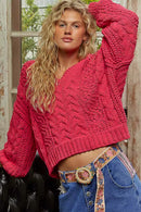 POL Cable-Knit Solid V-Neck Cropped Sweater