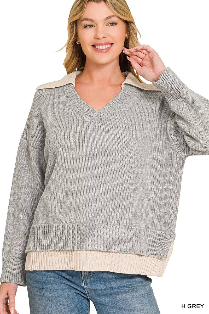 Zenana Dual-look Collared V-neck Sweater