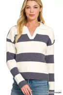 Zenana Striped Collared Sweater