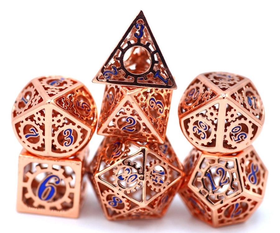 Copper with Blue Enamel Hollow Metal Gears of Providence Polyhedral Dice Set