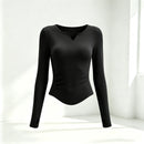 Small V-neck Pleated-waist Long-sleeve Womens Top