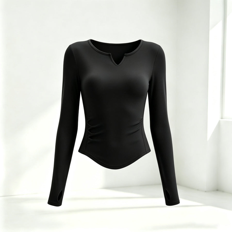 Small V-neck Pleated-waist Long-sleeve Womens Top